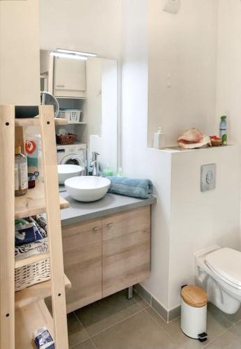 une petite salle de bain avec un lavabo et des toilettes dans l'établissement Appartement charmant à Six-Fours-les-Plages avec jardin, à Six-Fours-les-Plages
