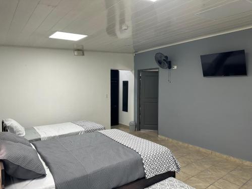 a room with two beds and a tv on the wall at MOMA Guest House en Alto Boquete in Alto Boquete