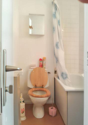 une salle de bain avec toilettes, lavabo et baignoire dans l'établissement Appartement charmant à Villers-sur-Mer, 30 m², avec terrasse, à Villers-sur-Mer