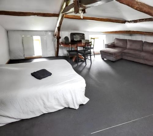 une chambre avec un lit, un canapé et une table dans l'établissement Maison charmante à Prat-Bonrepaux avec vue sur la montagne, à Prat-et-Bonrepaux