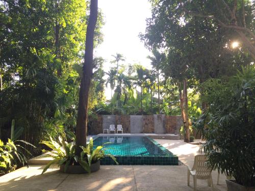 a swimming pool in the middle of a garden at Fern House Retreat in Chalong 