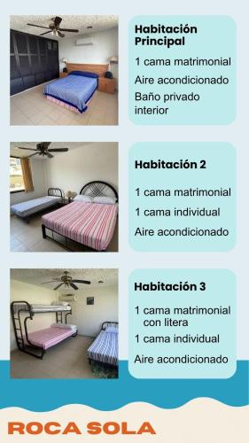 a collage of pictures of a room with two beds at Costera, depa hasta 9 personas con vista al mar, alberca, terraza y aire acondicionado in Acapulco