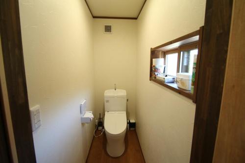a bathroom with a toilet and a mirror at 阿蘇のおばあちゃん家 in Aso