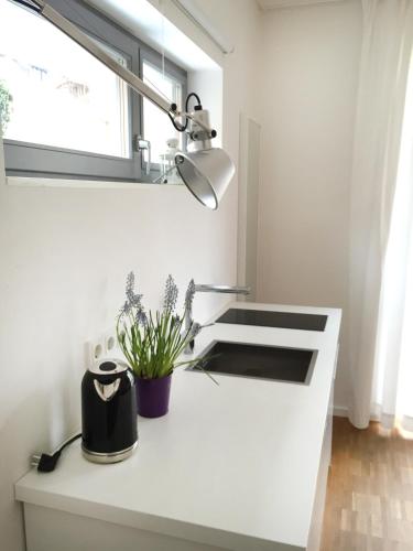 a white kitchen with a sink and a window at Ferienwohnung an der historischen Stadtmauer in Rostock
