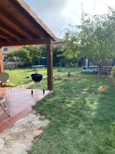 a grill sitting on a patio in a yard at Casita Azul Homestay in Cáseda