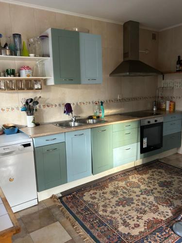 a kitchen with blue cabinets and a sink at Casita Azul Homestay in Cáseda
