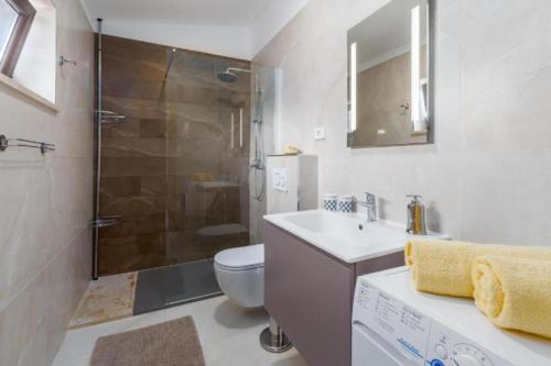 une salle de bain avec douche, lavabo et toilettes dans l'établissement Alex Deluxe Apartments on Beach, à Poreč