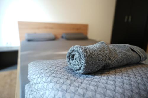 a towel laying on a bed in a bedroom at Rooms and apartments Biš in Trnovska Vas