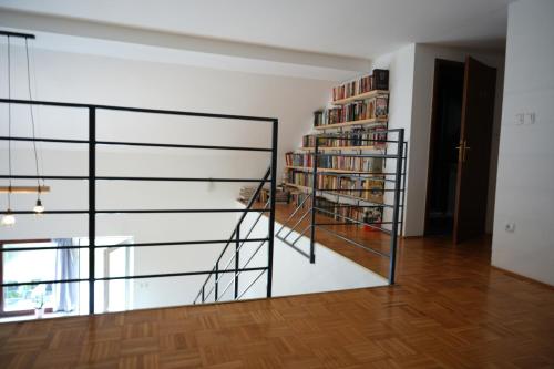 a room with a book shelf filled with books at Rooms and apartments Biš in Trnovska Vas