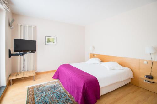 ブリュッセルにあるホテル オ ルポ デ シャスールのベッドルーム(紫の毛布付きのベッド1台付)