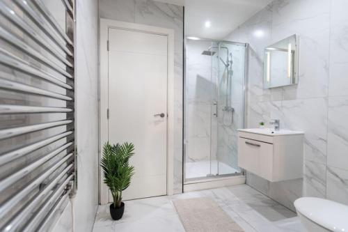 a bathroom with a shower and a toilet and a sink at Commercial Road Apartments Central Location Wyvern Theatre in Swindon
