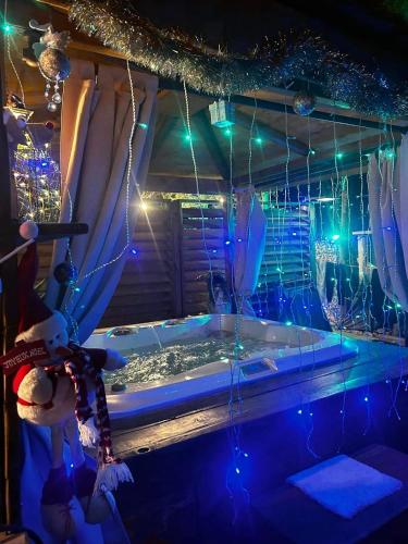 Cette chambre comprend une baignoire avec des lumières de Noël. dans l'établissement Les Chambres de Paulette à Thème LE RANCH, à Sainte-Marie-la-Mer