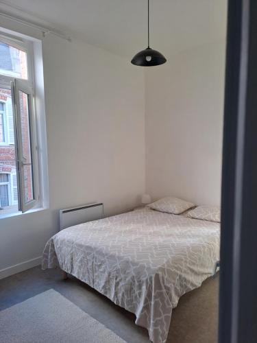 une chambre blanche avec un lit et une fenêtre dans l'établissement F3 meublé proche gare, à Amiens