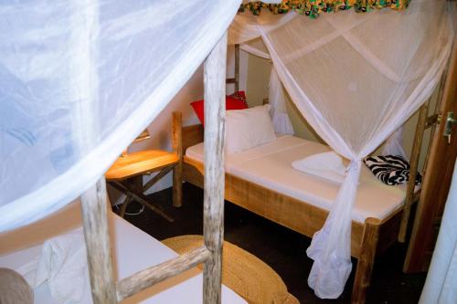a bedroom with a bunk bed with a mosquito net at Kilimanjaro Scenic Homestay in Moshi