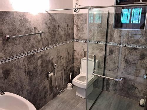 a bathroom with a toilet and a glass shower at Tharan Villa - House in Colombo in Polgasowita