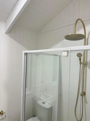 a white bathroom with a shower and a toilet at Kingdom Cottages in Gulgong