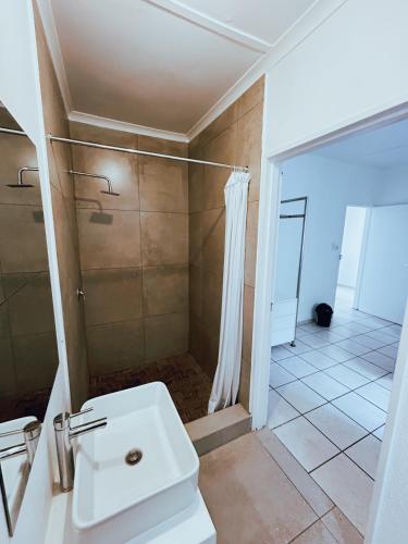 a bathroom with a shower and a white sink at City Central Self-catering in Windhoek
