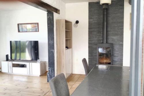 a living room with a fireplace and a tv at Maison charmante à Écrainville in Écrainville
