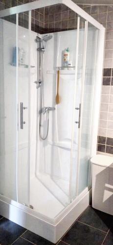 une douche avec une porte vitrée dans une salle de bain dans l'établissement Maison charmante à Écrainville, à Écrainville