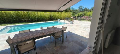 - une table et des chaises à côté de la piscine dans l'établissement villa, à Lorgues