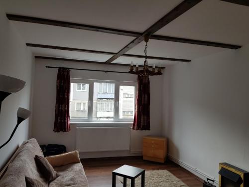 a living room with a couch and a window at Straja apartment in Lupeni
