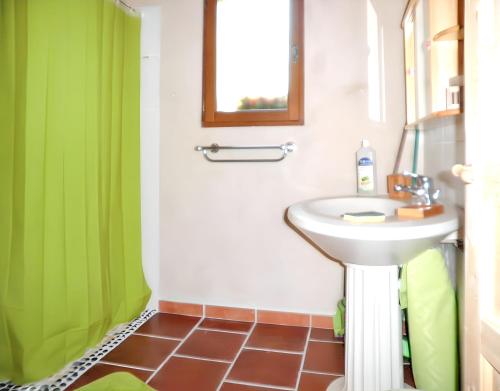 La salle de bains est pourvue d'un lavabo et d'un rideau de douche vert. dans l'établissement Maison charmante à Molières avec vue sur le lac, à Molières