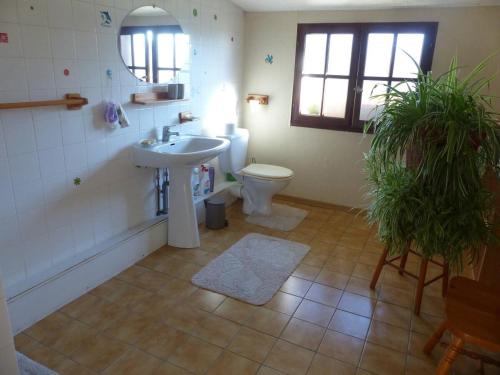 une salle de bain avec un lavabo, des toilettes et un miroir dans l'établissement Chambres de l'Ourbise, à Razimet