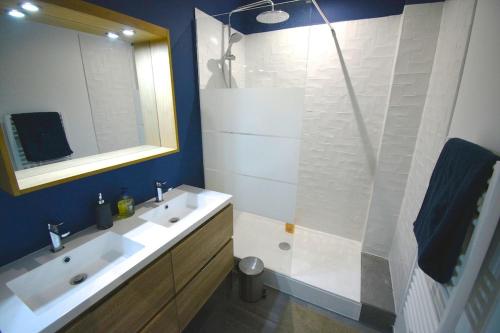 une salle de bain avec un lavabo et une douche avec un miroir dans l'établissement Duguesclin - luxueux T3 dans le centre historique, à Montpellier