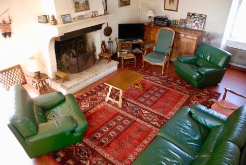 Elle comprend un salon doté d'un mobilier en cuir vert et d'une cheminée. dans l'établissement Agréable maison de vacances, à Quimiac