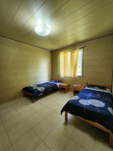 a bedroom with two beds and a window at Geghama Garden House - Resort Sevan in Sevan