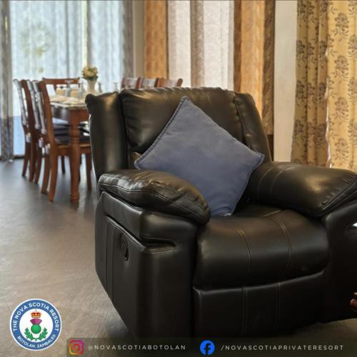 a leather chair with a blue pillow in a living room at The Nova Scotia Resort Botolan in Binuclutan