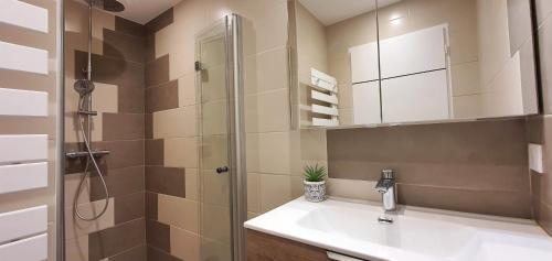 une salle de bain avec un lavabo et une douche dans l'établissement La Terrasse sur Houat, à Quiberon