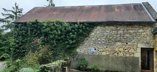 un bâtiment en pierre avec un toit rouillé et du lierre dans l'établissement Gîte atypique, à Borrèze