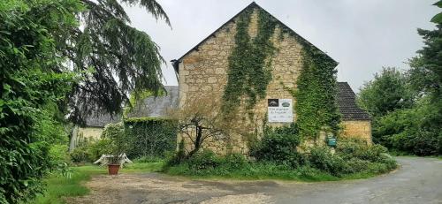 - un vieux bâtiment en pierre avec du lierre dans l'établissement Gîte atypique, à Borrèze