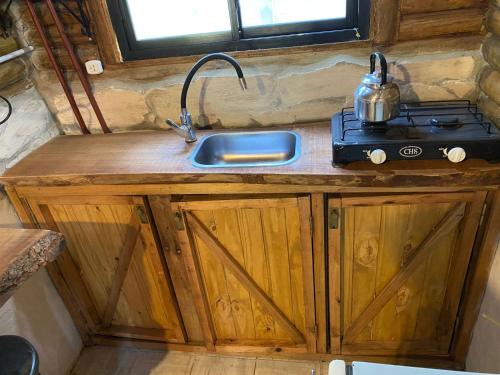 a kitchen with a sink and a tea kettle on a stove at Cabañas el descanso in Chascomús