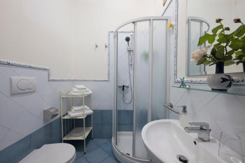 a bathroom with a shower and a toilet and a sink at Dint'a Torre Bed and Breakfast in Scala