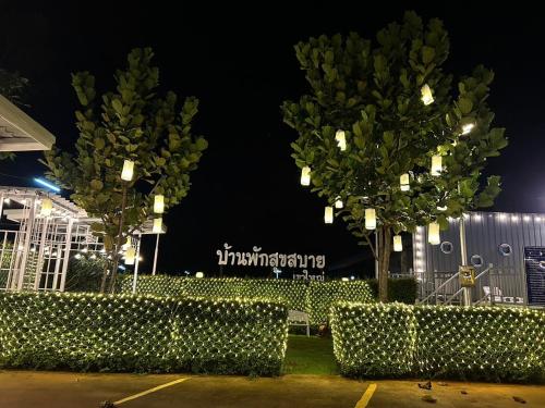 パクチョンにあるSuksaby khaoyai บ้านพักสุขสบาย เขาใหญ่の夜の駐車場にある2本の木