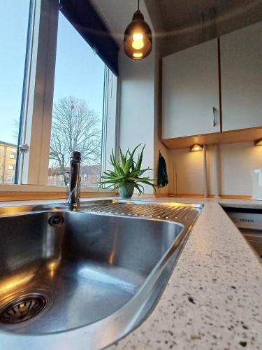 a stainless steel sink in a kitchen with a window at Beautiful 3 bedroom apartment in Central City in Aalborg