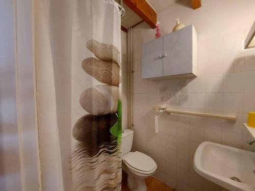 une salle de bain avec toilettes et rideau de douche dans l'établissement Villa confortable 3 pièces, 6 pers, terrasse et parking privé - FR-1-326-411, à Marseillan