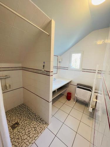 une salle de bain avec douche et lavabo dans l'établissement L'orée des roses, hébergement de vacances avec jardin et piscine, à Gan