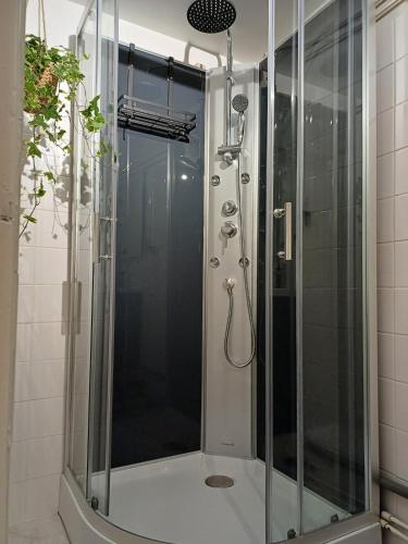 une douche avec une porte vitrée dans une salle de bain dans l'établissement Le Terminus, Proche gare et centre-ville, à Amboise