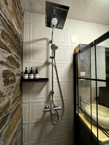 a shower in the corner of a bathroom at Meria Life Stone House with Lake View in Nature in Seferihisar