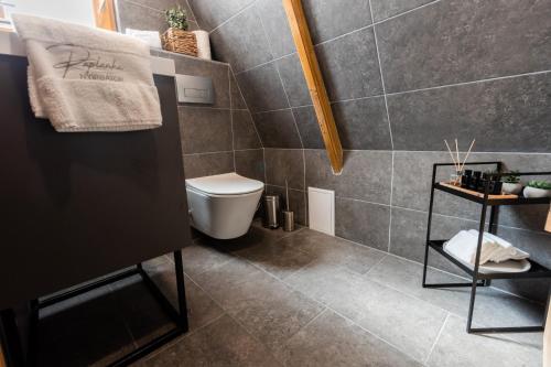 a bathroom with a toilet and a tiled wall at Paplanka Boutique Cabin in Nyírbátor