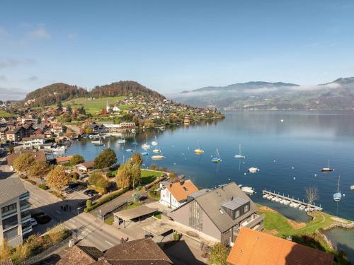 an aerial view of a harbor with boats in the water at Nautica Faulensee in Faulensee