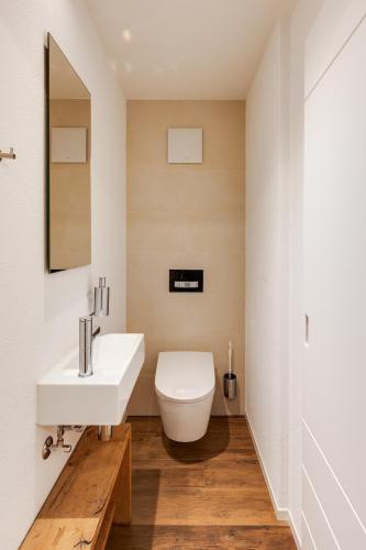 a bathroom with a white sink and a toilet at Nautica Faulensee in Faulensee