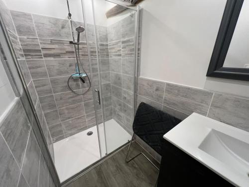 une douche avec une porte vitrée à côté d'un lavabo dans l'établissement Appart Montignac, à Montignac