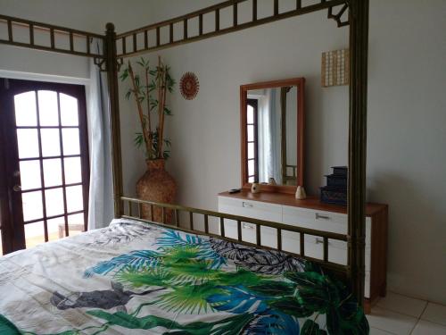 a bedroom with a bed with a large mirror at Oceanfront Villa in Simpson Bay