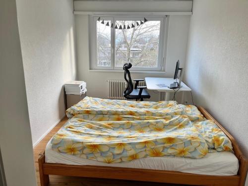BinningenにあるGreen Basel Homeのベッドと机と窓のある寝室