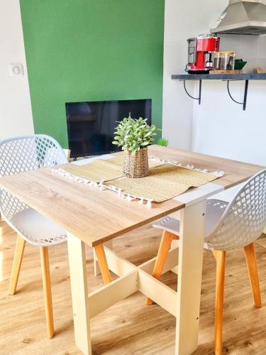 une table en bois avec des chaises et une plante. dans l'établissement Appartement centre d'Orléans en bord de Loire, à Orléans