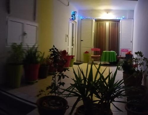 a room with potted plants on the floor and a table at Irini in Thérissos